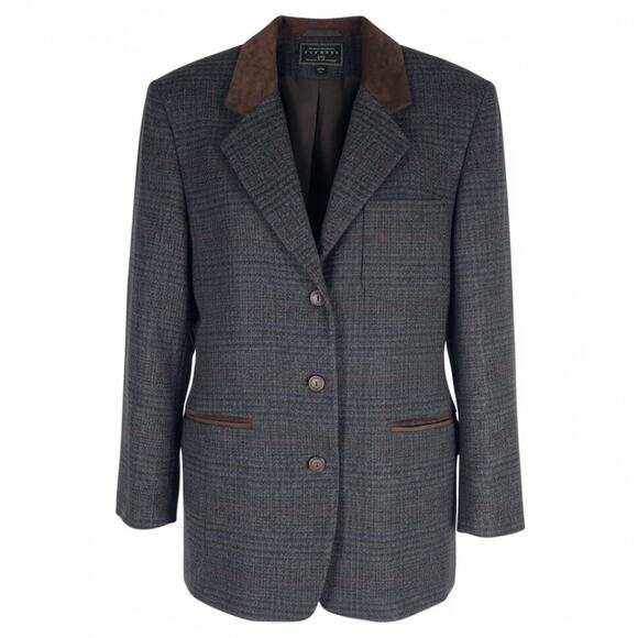 Express Suede Collar Wool Plaid Blazer Jacket Suede Gray Brown Size L - Picture 1 of 11